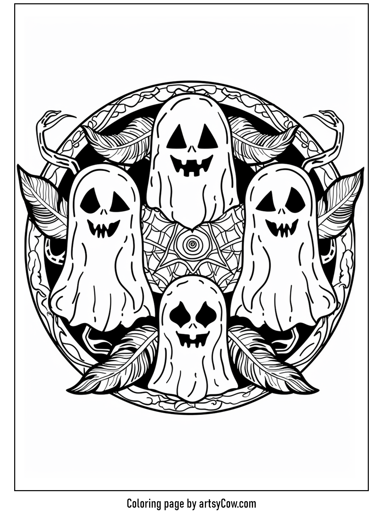 Halloween ghost mandala featuring four smiling ghosts surrounded by feather-like designs and a central cobweb.